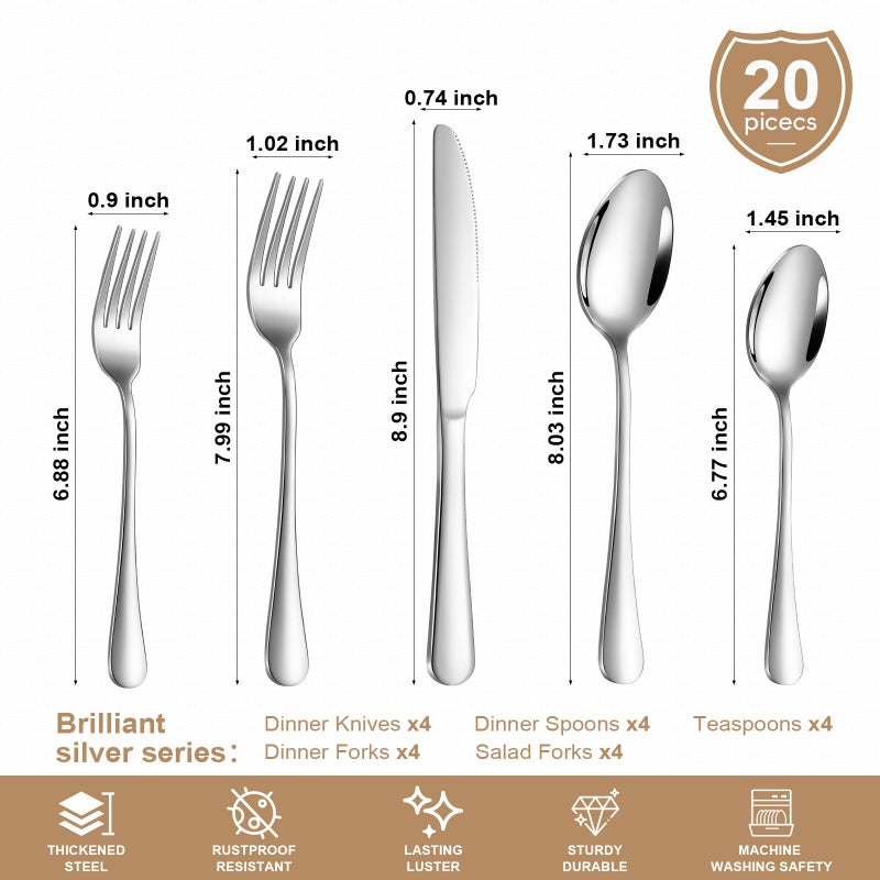Lazycorner Silverware Set 20 Piece Stainless Steel Flatware Set Silverware Utensils for 4 People Includes Forks Knives Spoons & Salad Forks Dishwasher Safe Durable Tableware for Home Restaurant or Outdoor Use - Image 2