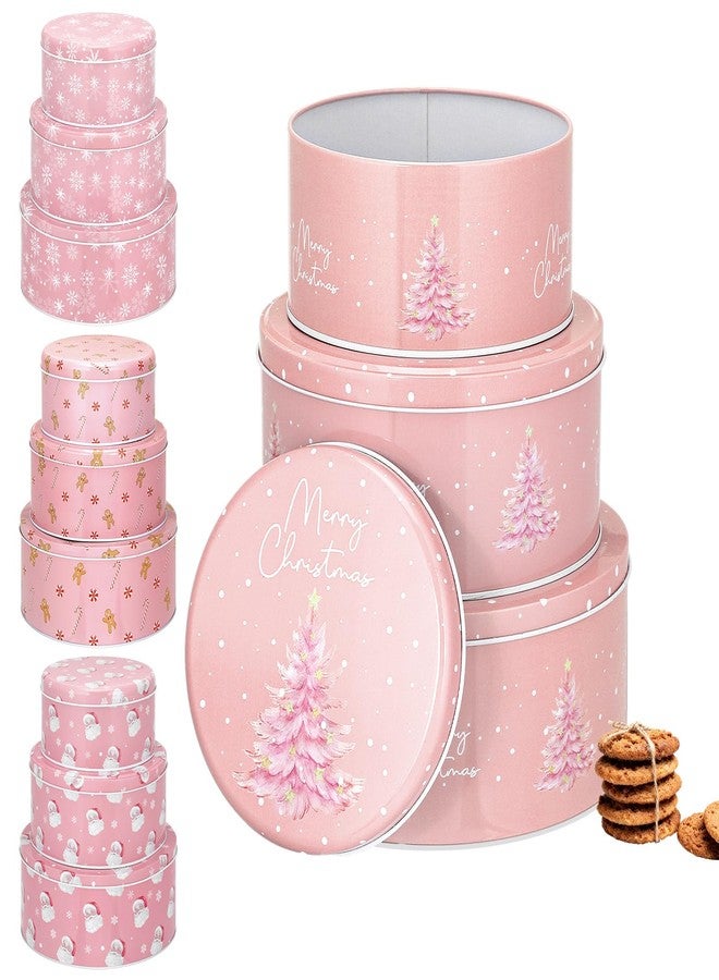 Vercraft مجموعة فيركرافت من 12 علبة بسكويت وردية اللون مع أغطية، حاويات تخزين معدنية احتفالية للبسكويت والحلوى وتقديمها كهدايا وخبز الحلويات، 3 أحجام متداخلة 7.5 بوصة / 6.5 بوصة / 5.3 بوصة - Image 1