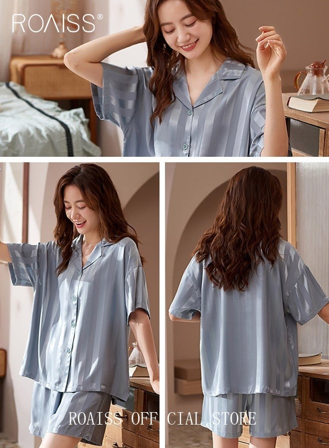 2 Piece Pajama Set Women Short Sleeve Shorts Girls Cute Cartoon Bear Pattern Stripes Sleepwear Sets Ladies Loungewear Soft Home Wearing Clothes Spring Summer  - Image 5