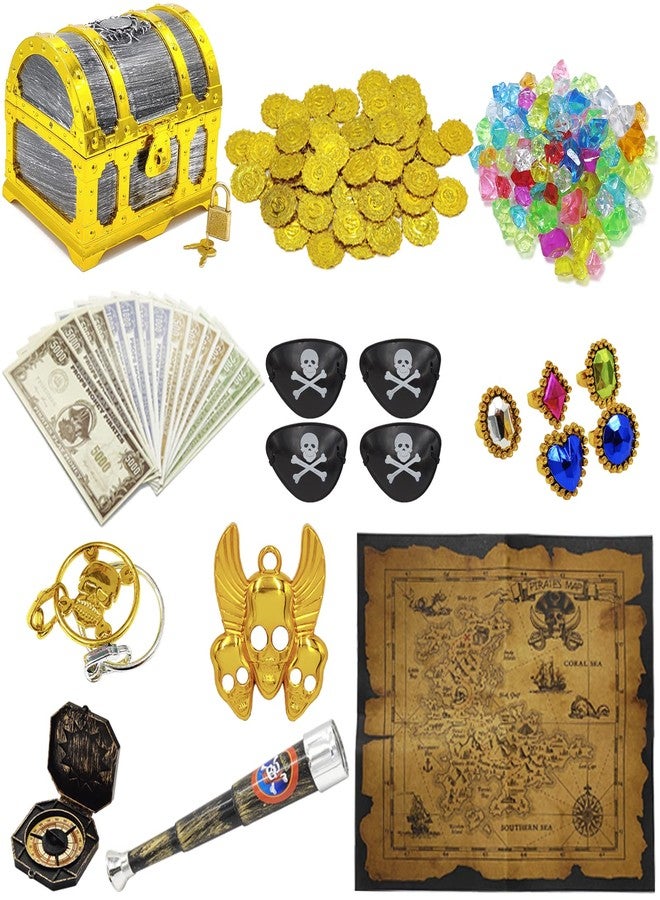 Dronside 182 Pieces Kids Golden Frame Pirate Treasure Chest Toy Set with Lock Map Coins Gems Earrings Rings Eye Patch Compass Telescope Play Paper Money for Role Play Treasure Hunting Game for Kids - Image 1