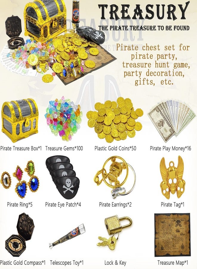 Dronside 182 Pieces Kids Golden Frame Pirate Treasure Chest Toy Set with Lock Map Coins Gems Earrings Rings Eye Patch Compass Telescope Play Paper Money for Role Play Treasure Hunting Game for Kids - Image 3