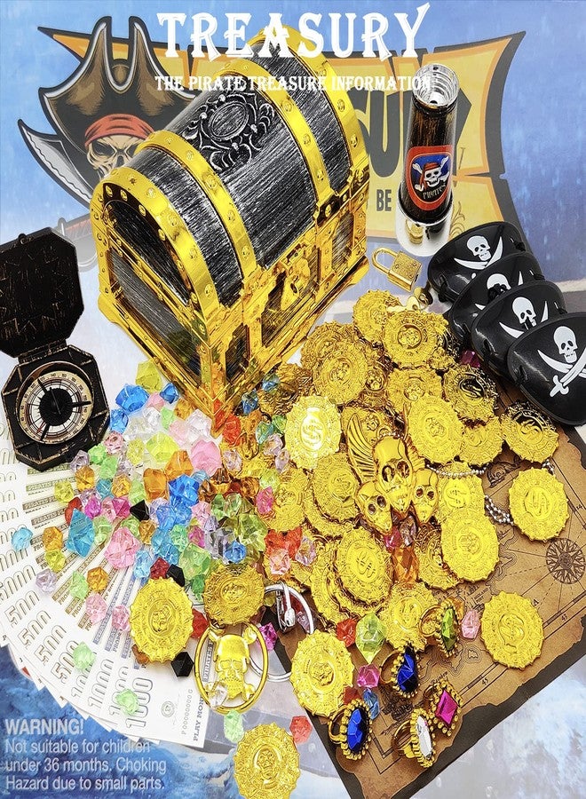 Dronside 182 Pieces Kids Golden Frame Pirate Treasure Chest Toy Set with Lock Map Coins Gems Earrings Rings Eye Patch Compass Telescope Play Paper Money for Role Play Treasure Hunting Game for Kids - Image 2