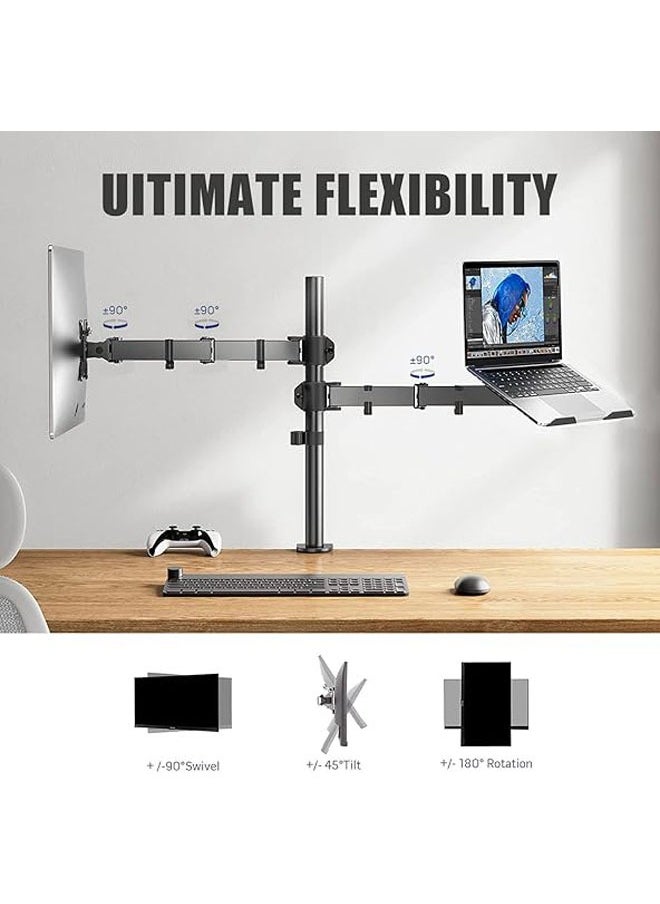 Arabest - Dual Laptop Monitor Mount Stand, Monitor Arm with Laptop Tray, Desk Mount Adjustable Vesa 75/100 Max Load 9KG Compatible with 17-32" Monitor 13-17" Laptop with Clamp and Grommet Mounting Base - Image 1
