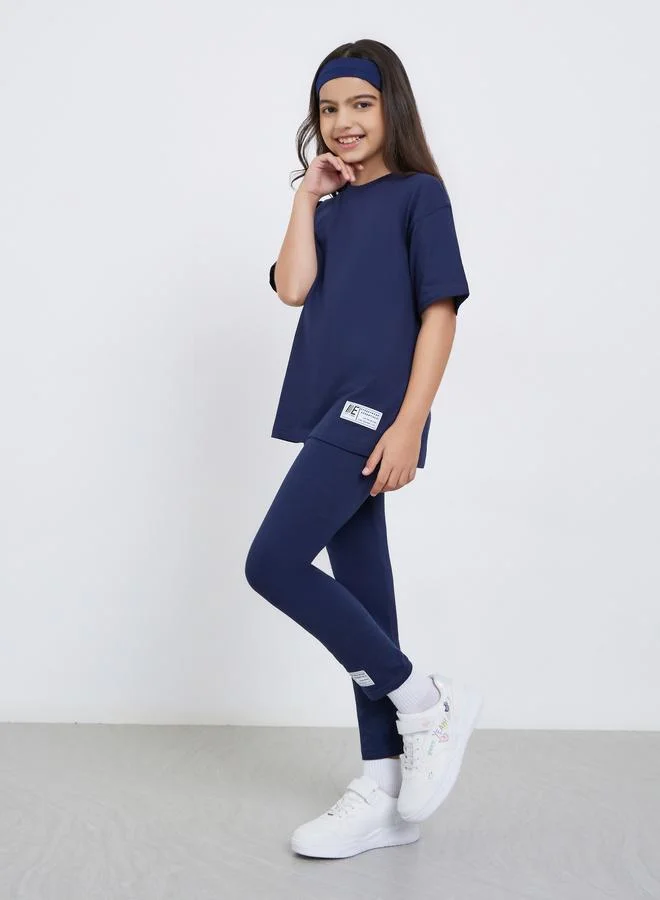 Styli Teens Navy Cotton Oversized T-Shirt and Legging Set