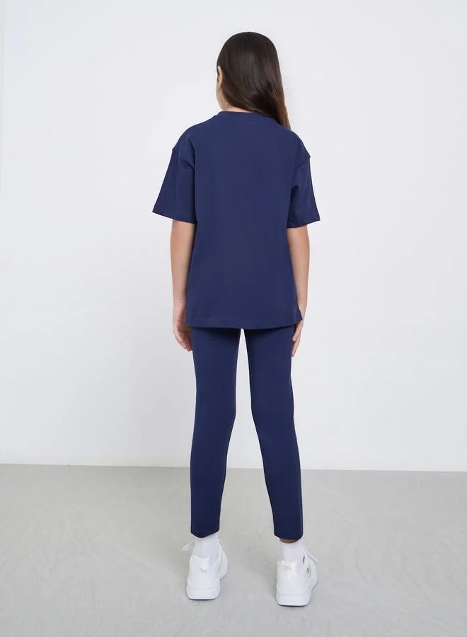 Styli Styli Teens Navy Cotton Oversized T-Shirt and Legging Set