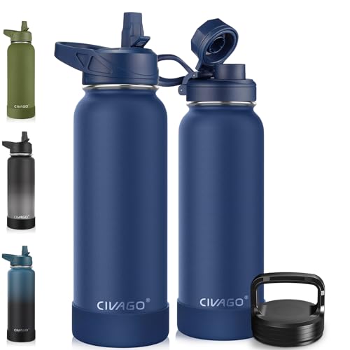 CIVAGO 40 oz Insulated Water Bottle With Straw, Stainless Steel Sports Water Cup Flask with 3 Lids (Straw, Spout and Handle Lid), Double Walled Travel Thermal Canteen Mug, Navy Blue - Image 1