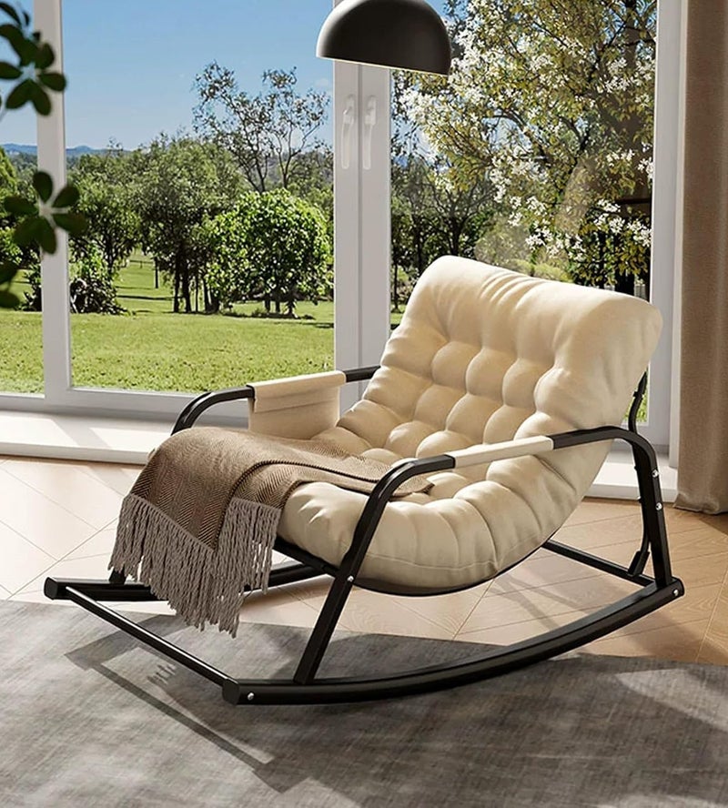 Yuwell Adjustable Rocking Lounge Chair Metal Frame with Armrests & Side Storage Bag, Upholstered Reclining Lazy Chair for Indoor Outdoor Use, High Back Padded Lounger Sofa for Bedroom, Balcony, Garden, Patio & Camping Beige - Image 1