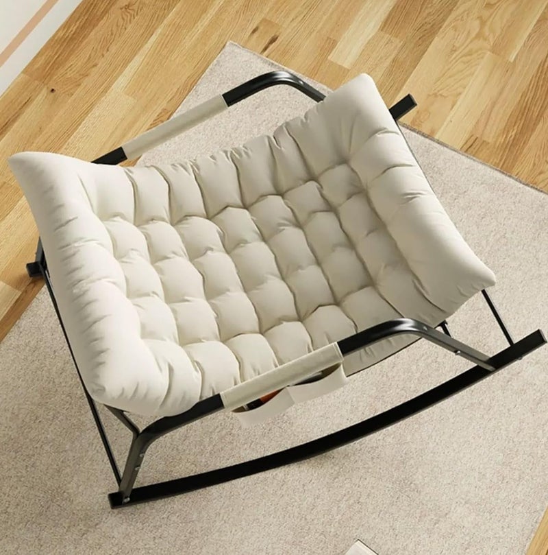 Yuwell Adjustable Rocking Lounge Chair Metal Frame with Armrests & Side Storage Bag, Upholstered Reclining Lazy Chair for Indoor Outdoor Use, High Back Padded Lounger Sofa for Bedroom, Balcony, Garden, Patio & Camping Beige - Image 3