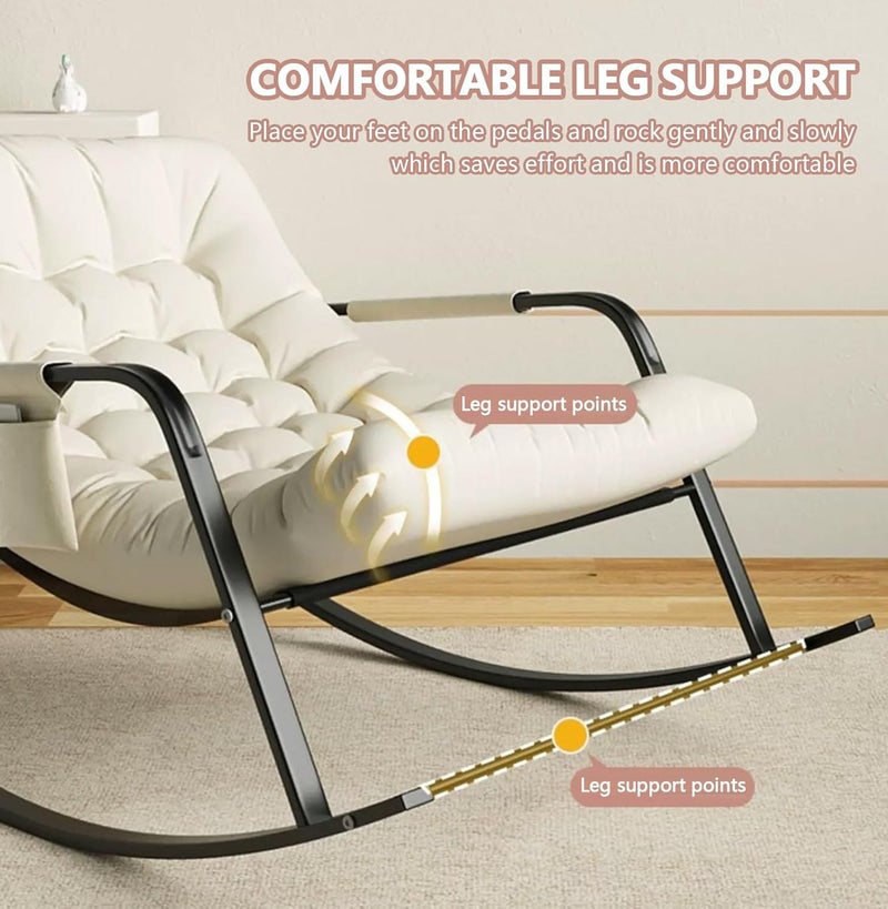 Yuwell Adjustable Rocking Lounge Chair Metal Frame with Armrests & Side Storage Bag, Upholstered Reclining Lazy Chair for Indoor Outdoor Use, High Back Padded Lounger Sofa for Bedroom, Balcony, Garden, Patio & Camping Beige - Image 4