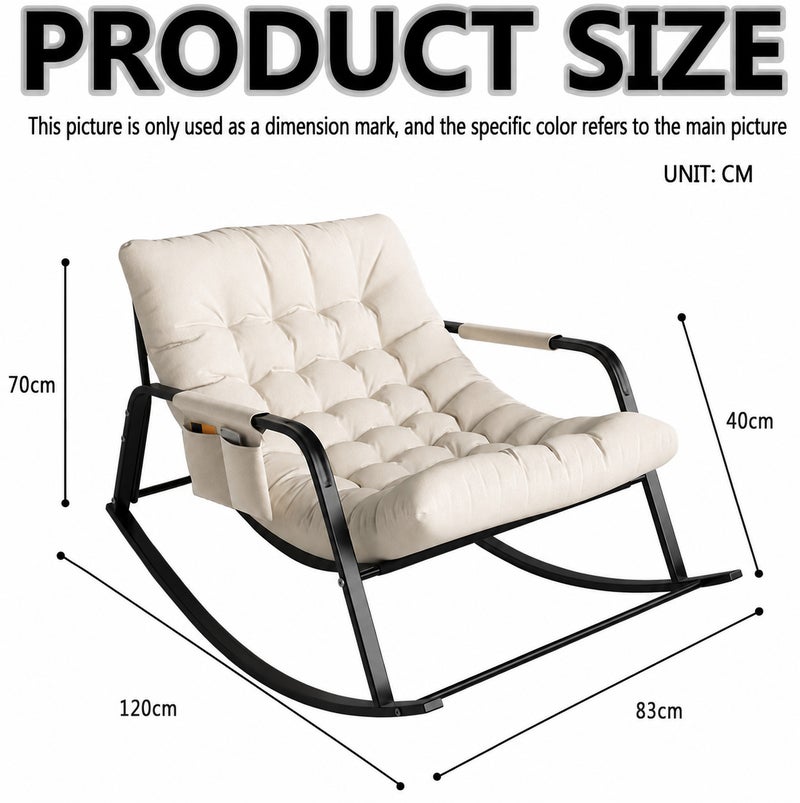 Yuwell Adjustable Rocking Lounge Chair Metal Frame with Armrests & Side Storage Bag, Upholstered Reclining Lazy Chair for Indoor Outdoor Use, High Back Padded Lounger Sofa for Bedroom, Balcony, Garden, Patio & Camping Beige - Image 2