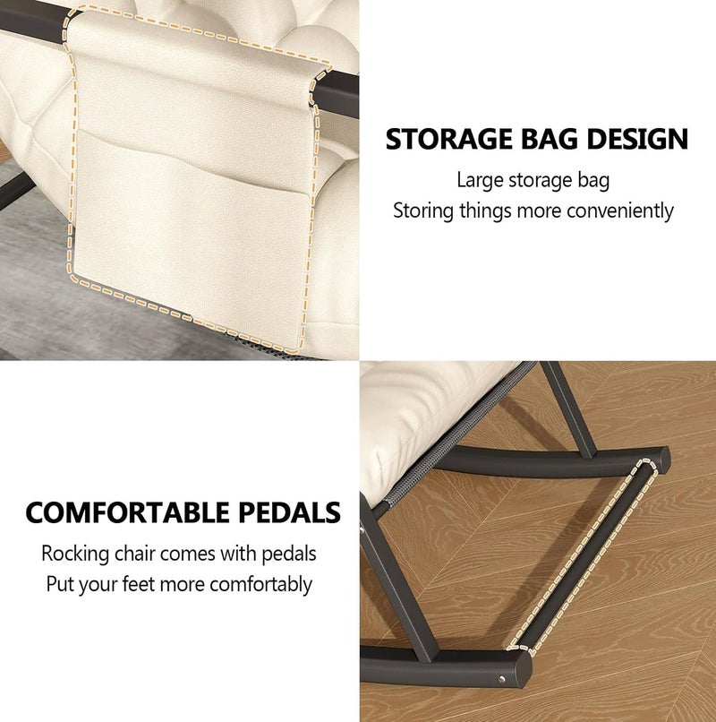 Yuwell Adjustable Rocking Lounge Chair Metal Frame with Armrests & Side Storage Bag, Upholstered Reclining Lazy Chair for Indoor Outdoor Use, High Back Padded Lounger Sofa for Bedroom, Balcony, Garden, Patio & Camping Beige - Image 5