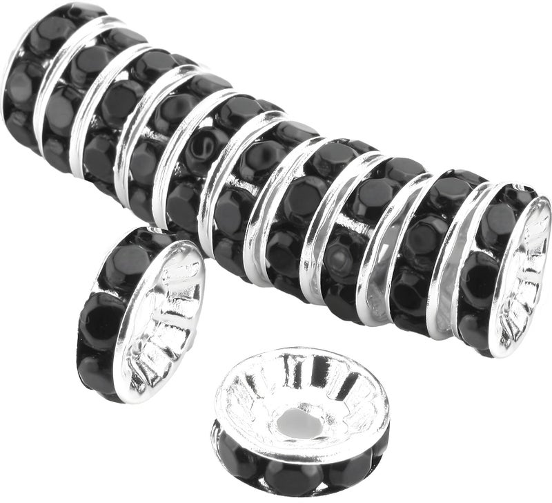 Allb 100Pcs Rondelle Spacer Beads 10mm Silver Plated Czech Crystal Rhinestone for Jewelry Making Loose Beads for Bracelets black