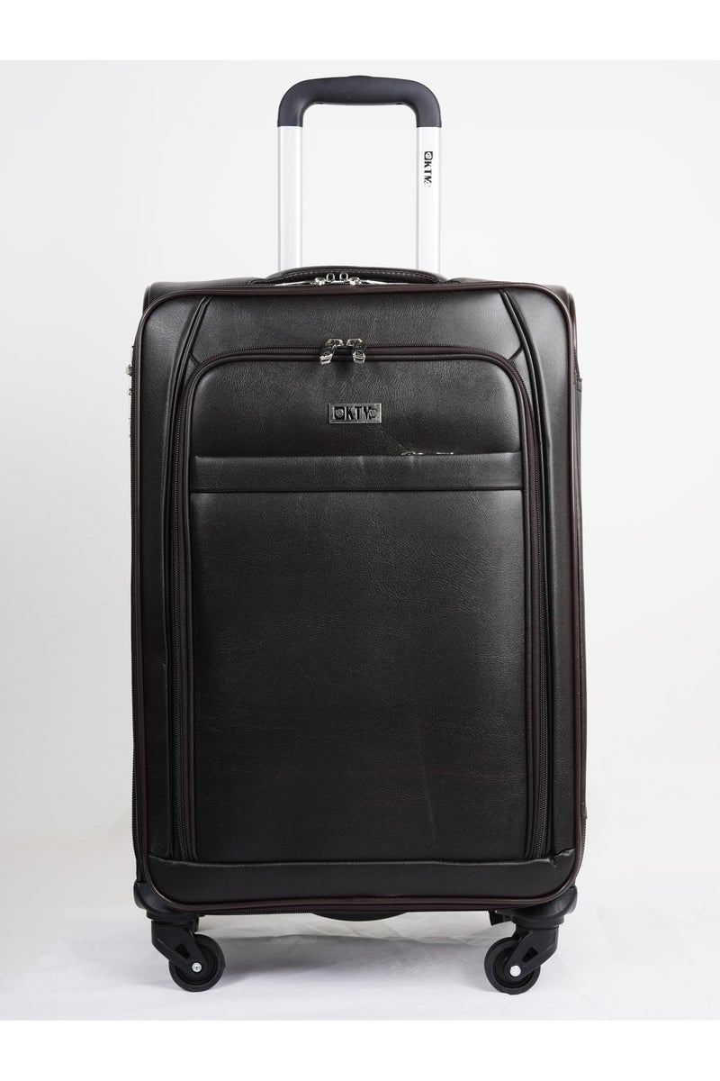 Medium Leather Luggage Lightweight Trolley Bag with 4 Spinner Wheels and Built in Combination Lock 26 inch Dark Brown