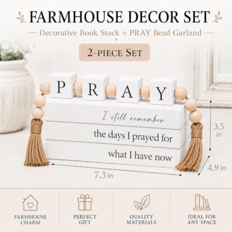 Farmhouse tive Books for Home Decor with Pray Letter Block Garland, Inspirational Wooden Faux Book Stack Decor with Jute Tassels, Faith Coffee Table Shelf Mantel Decor - Image 3