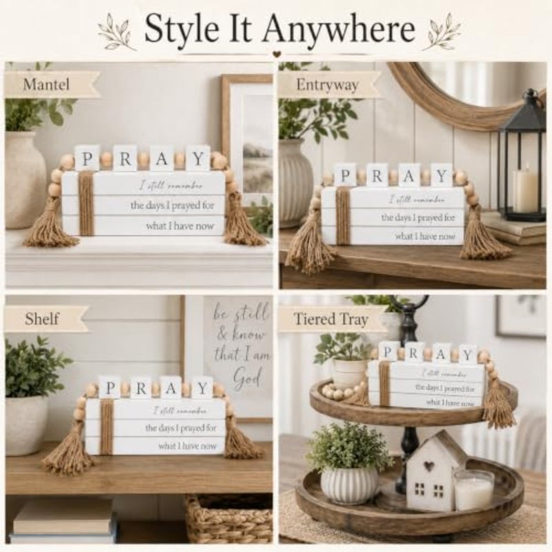 Farmhouse tive Books for Home Decor with Pray Letter Block Garland, Inspirational Wooden Faux Book Stack Decor with Jute Tassels, Faith Coffee Table Shelf Mantel Decor - Image 4