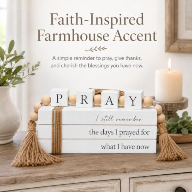 Farmhouse tive Books for Home Decor with Pray Letter Block Garland, Inspirational Wooden Faux Book Stack Decor with Jute Tassels, Faith Coffee Table Shelf Mantel Decor - Image 2