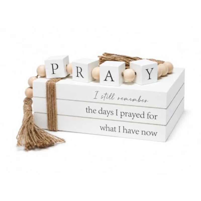 Farmhouse tive Books for Home Decor with Pray Letter Block Garland, Inspirational Wooden Faux Book Stack Decor with Jute Tassels, Faith Coffee Table Shelf Mantel Decor - Image 1