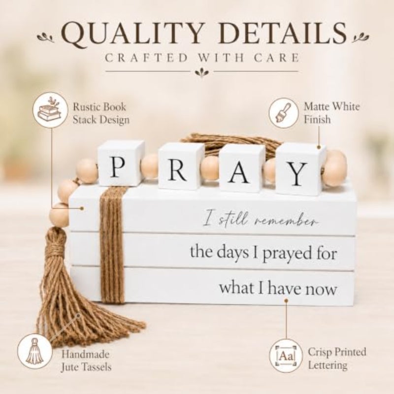 Farmhouse tive Books for Home Decor with Pray Letter Block Garland, Inspirational Wooden Faux Book Stack Decor with Jute Tassels, Faith Coffee Table Shelf Mantel Decor - Image 5