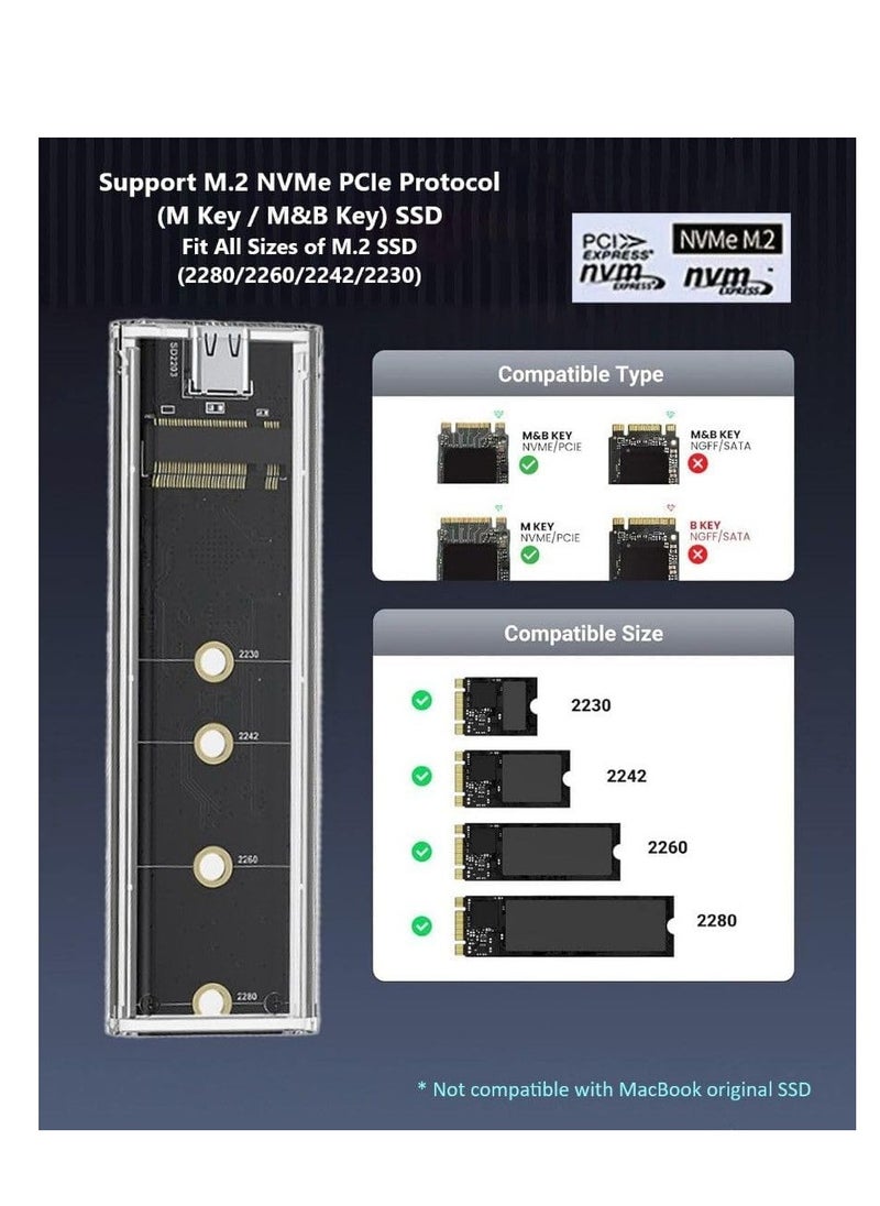 M.2 SSD Enclosure NVMe To USB-C 3.1 Gen2 External Toolless Transparent Caddy With RGB LED Lights For 2230 2240 2280 M2 Drives 10Gbps High-Speed Data Transfer