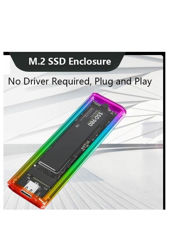 M.2 SSD Enclosure NVMe To USB-C 3.1 Gen2 External Toolless Transparent Caddy With RGB LED Lights For 2230 2240 2280 M2 Drives 10Gbps High-Speed Data Transfer