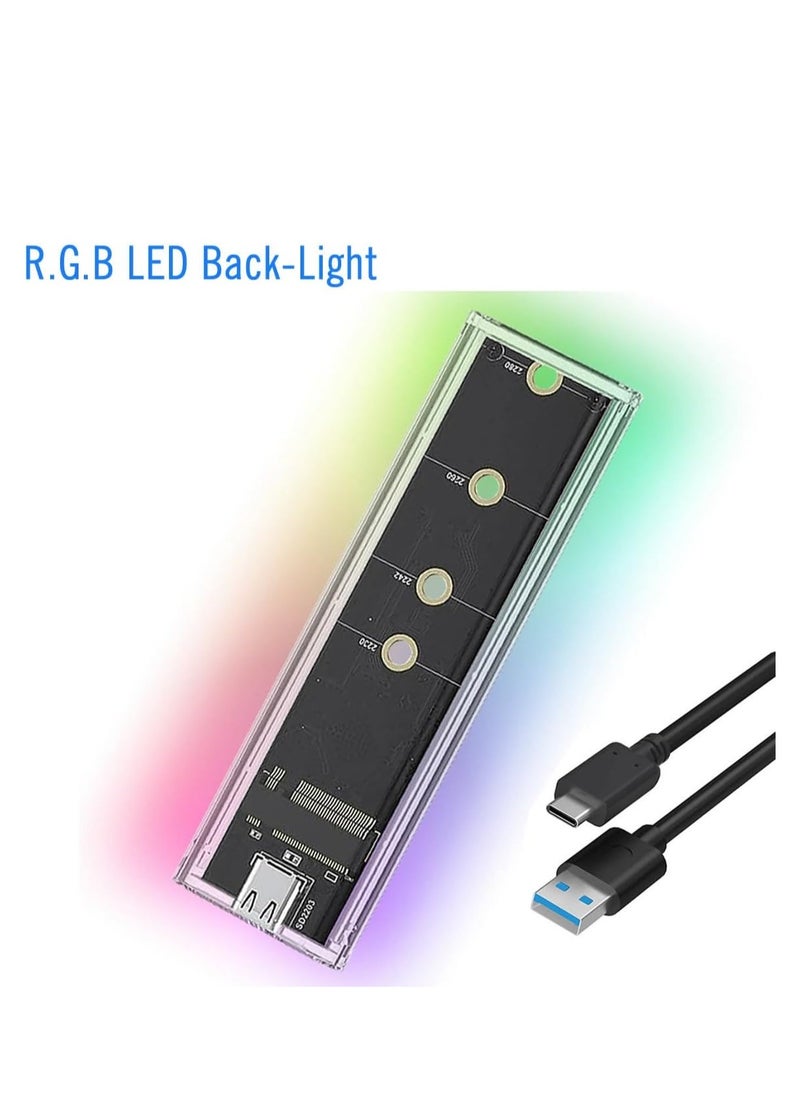 M.2 SSD Enclosure NVMe To USB-C 3.1 Gen2 External Toolless Transparent Caddy With RGB LED Lights For 2230 2240 2280 M2 Drives 10Gbps High-Speed Data Transfer