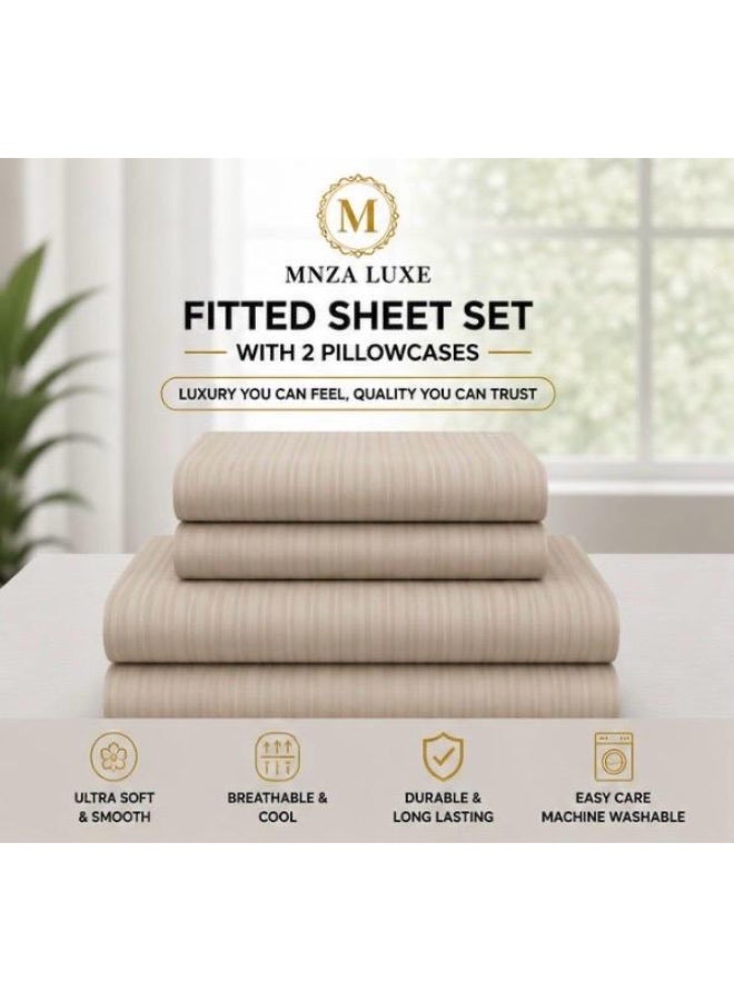 MNZA LUXE طقم شرشف سرير مطاطي من المايكروفايبر بتصميم خطوط 1 سم، يشمل شرشف سرير مطاطي واحد + 2 غطاء وسادة | فائق النعومة، قابل للتنفس ومقاوم للتجاعيد | لون رملي - Image 4