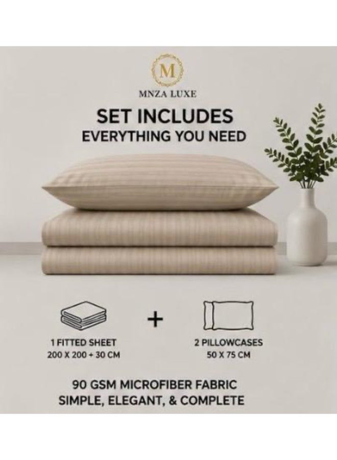 MNZA LUXE طقم شرشف سرير مطاطي من المايكروفايبر بتصميم خطوط 1 سم، يشمل شرشف سرير مطاطي واحد + 2 غطاء وسادة | فائق النعومة، قابل للتنفس ومقاوم للتجاعيد | لون رملي - Image 2
