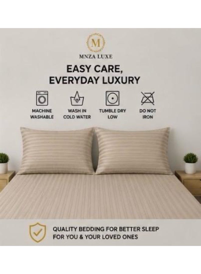 MNZA LUXE طقم شرشف سرير مطاطي من المايكروفايبر بتصميم خطوط 1 سم، يشمل شرشف سرير مطاطي واحد + 2 غطاء وسادة | فائق النعومة، قابل للتنفس ومقاوم للتجاعيد | لون رملي - Image 3