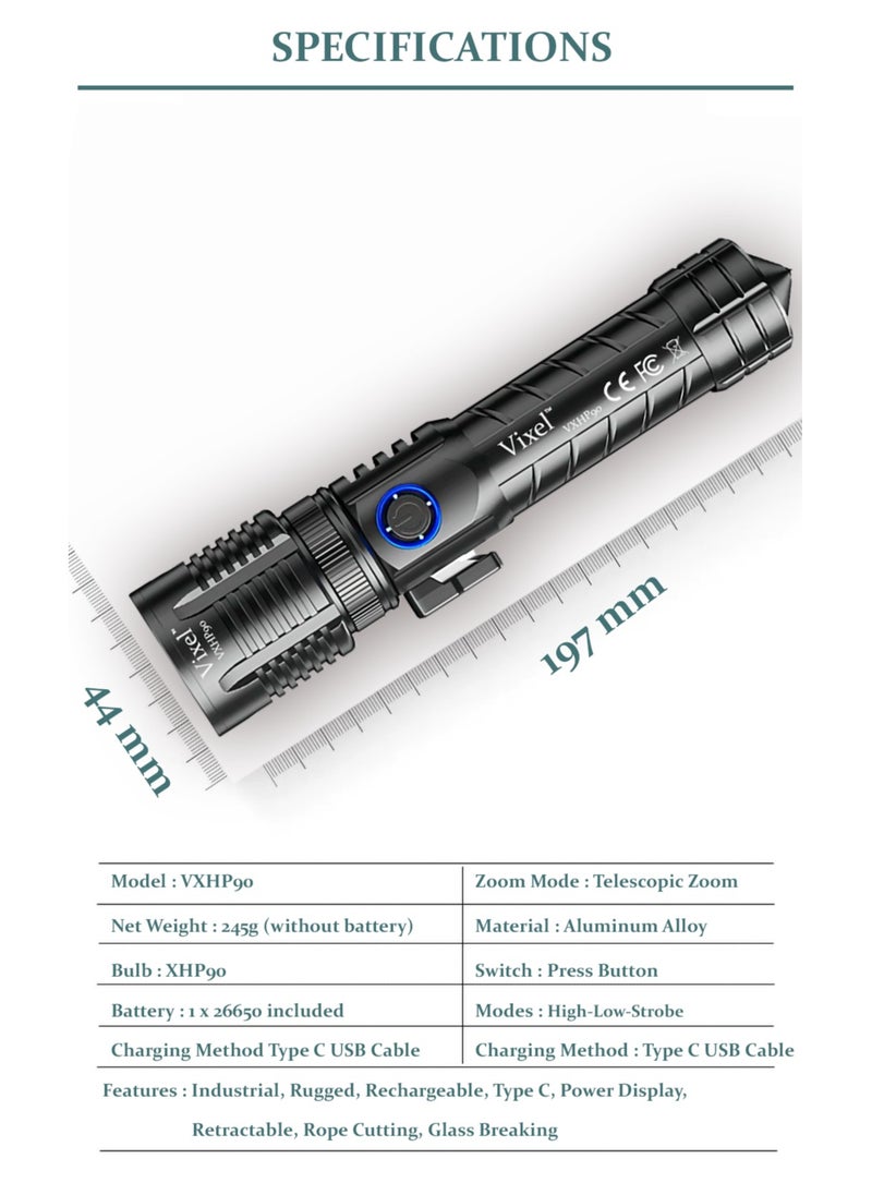 Vixel - VIXEL VXHP90 Super Bright Rechargeable Tactical Flashlight with Window Breaking and Rope Cutting for Emergency Outdoor Camping Hiking Exploration - Image 1