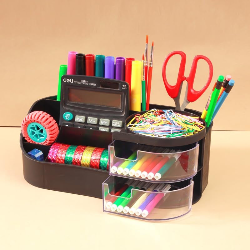 Anshri Desk Makeup Brush Organizers Box and Makeup Organizers for Desk Desktop Storage Stationery Supplies Cute Pencil Cup Pot for Office School Home Makeup Storage Box (Black) - Image 2
