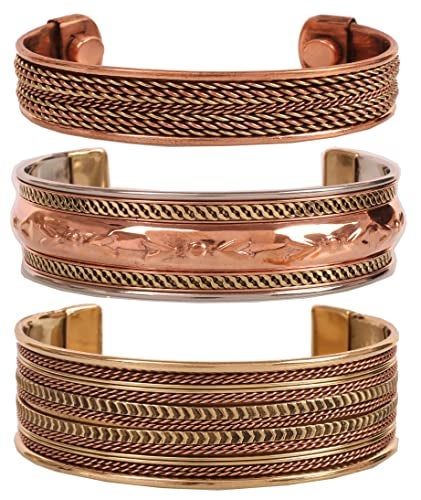 Touchstone Copper Magnetic Bracelet Tibetan Style Hand Forged with Solid and high Gauge Pure Copper Set of 3 Different Designs in Twisted Wires Braided Style - Image 1