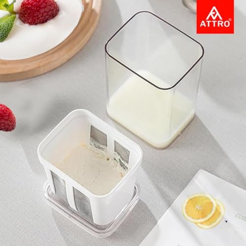 ATTRO Greek Yogurt & Curd Maker Fine Mesh Strainer with Lid Multifunctional Whey Separator for Homemade Yogurt, Curd, Cheese, Hung Curd & More – Easy to Use & Clean- White- 1100ml - Image 2