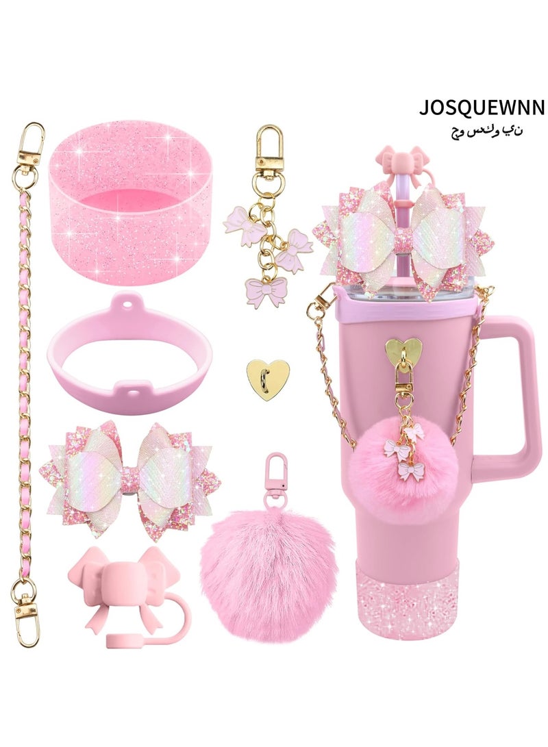 JOSQUEWNN Accessories For 40oz And 30oz Stanley Cup Tumbler Including Silicone Cute Bow Straw Topper Cover,Silicone Stanley Cup Boot,Leather Water Bottle Handle Strap, Charms,Pink.  - Image 1