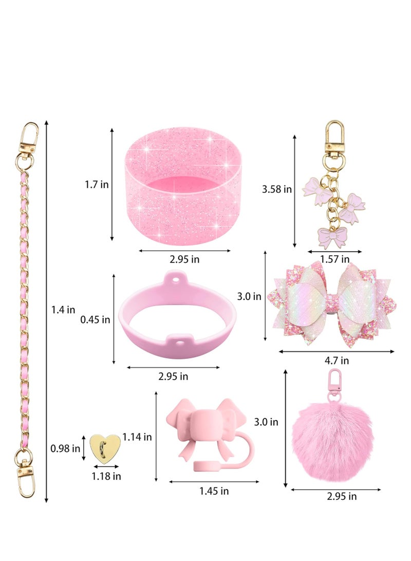 JOSQUEWNN Accessories For 40oz And 30oz Stanley Cup Tumbler Including Silicone Cute Bow Straw Topper Cover,Silicone Stanley Cup Boot,Leather Water Bottle Handle Strap, Charms,Pink.  - Image 2