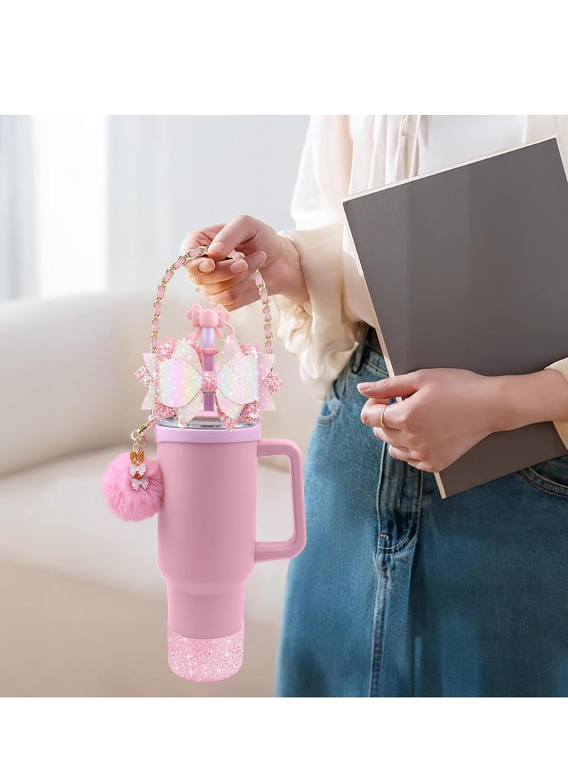JOSQUEWNN Accessories For 40oz And 30oz Stanley Cup Tumbler Including Silicone Cute Bow Straw Topper Cover,Silicone Stanley Cup Boot,Leather Water Bottle Handle Strap, Charms,Pink.  - Image 4