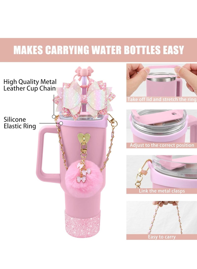 JOSQUEWNN Accessories For 40oz And 30oz Stanley Cup Tumbler Including Silicone Cute Bow Straw Topper Cover,Silicone Stanley Cup Boot,Leather Water Bottle Handle Strap, Charms,Pink.  - Image 3