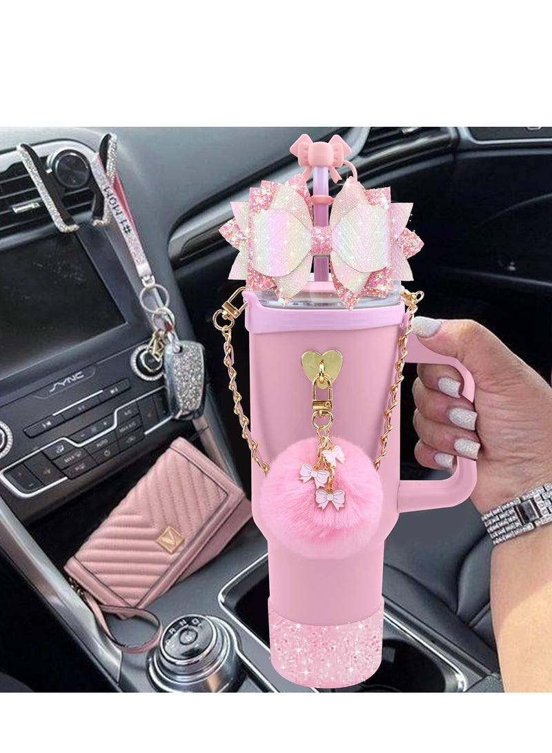 JOSQUEWNN Accessories For 40oz And 30oz Stanley Cup Tumbler Including Silicone Cute Bow Straw Topper Cover,Silicone Stanley Cup Boot,Leather Water Bottle Handle Strap, Charms,Pink.  - Image 5