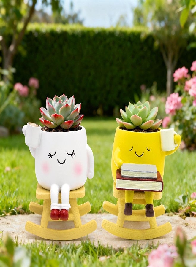 LAUGOKOBE Smily Face Rocking Chair Planter -Cute Resin Book Coffee Succulents Plant Pots with Drainage Hole for Indoor Outdoor Garden, Gift IdeaI for Mother Appreciation Christmas (White) - Image 3