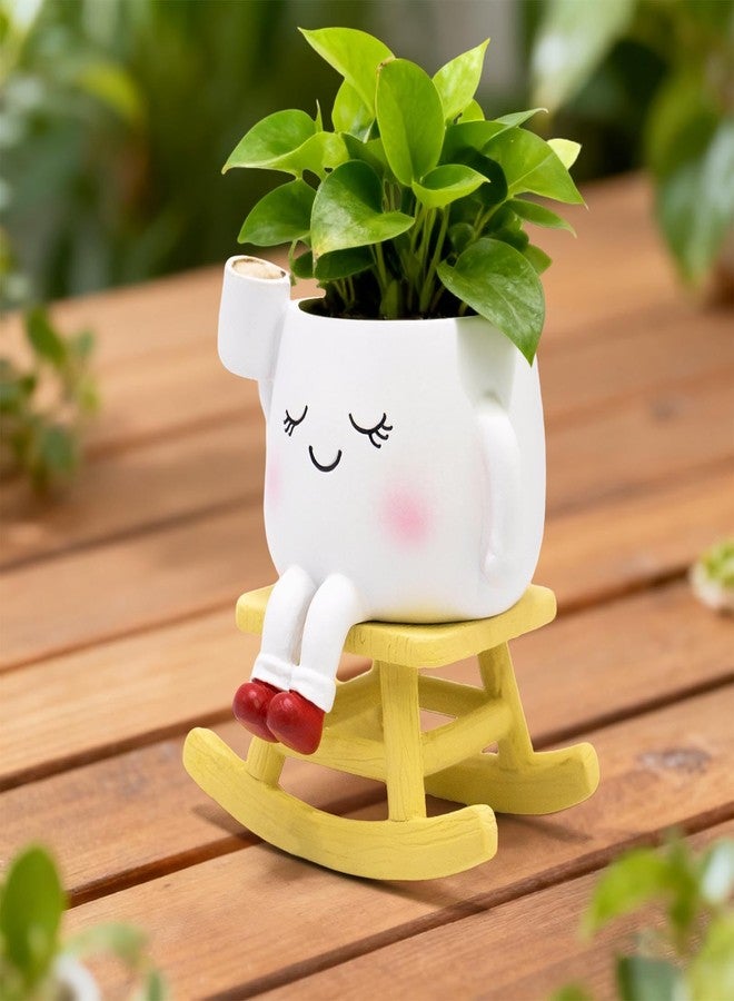LAUGOKOBE Smily Face Rocking Chair Planter -Cute Resin Book Coffee Succulents Plant Pots with Drainage Hole for Indoor Outdoor Garden, Gift IdeaI for Mother Appreciation Christmas (White) - Image 2
