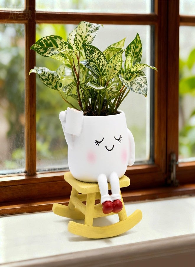 LAUGOKOBE Smily Face Rocking Chair Planter -Cute Resin Book Coffee Succulents Plant Pots with Drainage Hole for Indoor Outdoor Garden, Gift IdeaI for Mother Appreciation Christmas (White) - Image 1