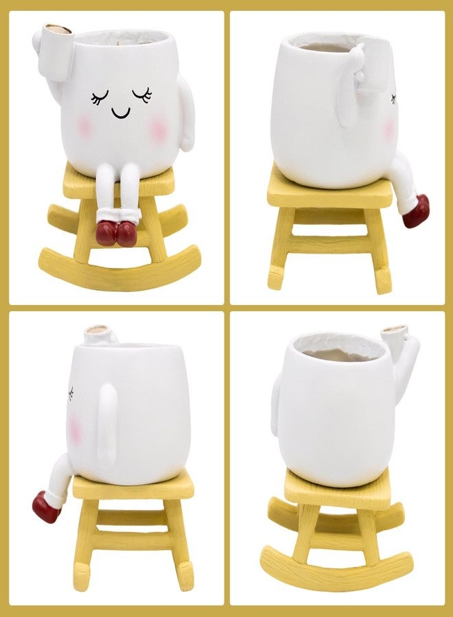 LAUGOKOBE Smily Face Rocking Chair Planter -Cute Resin Book Coffee Succulents Plant Pots with Drainage Hole for Indoor Outdoor Garden, Gift IdeaI for Mother Appreciation Christmas (White) - Image 5