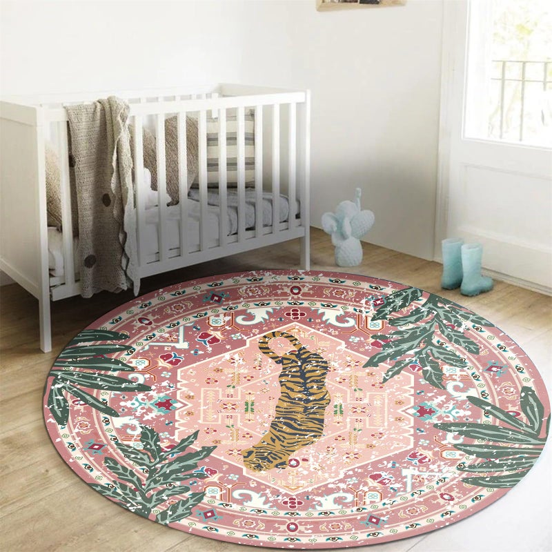 Aldopein Washable Pink Rugs Thin Oriental Boho Vintage Cute Tropical Leopard 4ft Round Area Rugs for Bedroom Kitchen Dining Living Room Office Indoor Entryway Distressed Nursery Circle Carpet - Image 1
