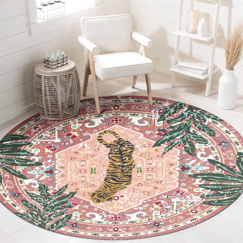 Aldopein Washable Pink Rugs Thin Oriental Boho Vintage Cute Tropical Leopard 4ft Round Area Rugs for Bedroom Kitchen Dining Living Room Office Indoor Entryway Distressed Nursery Circle Carpet - Image 2
