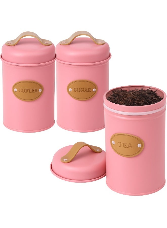 Set of 3 Metal Tea, Coffee, Sugar Storage Canisters with Airtight Lid and Leather Handle, Sugar Storage Container for Tea, Coffee, Sugar, Kitchen, Dining Room - Pink - Image 1