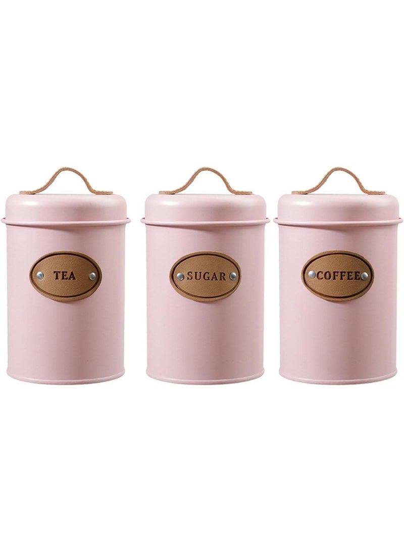 Set of 3 Metal Tea, Coffee, Sugar Storage Canisters with Airtight Lid and Leather Handle, Sugar Storage Container for Tea, Coffee, Sugar, Kitchen, Dining Room - Pink - Image 2
