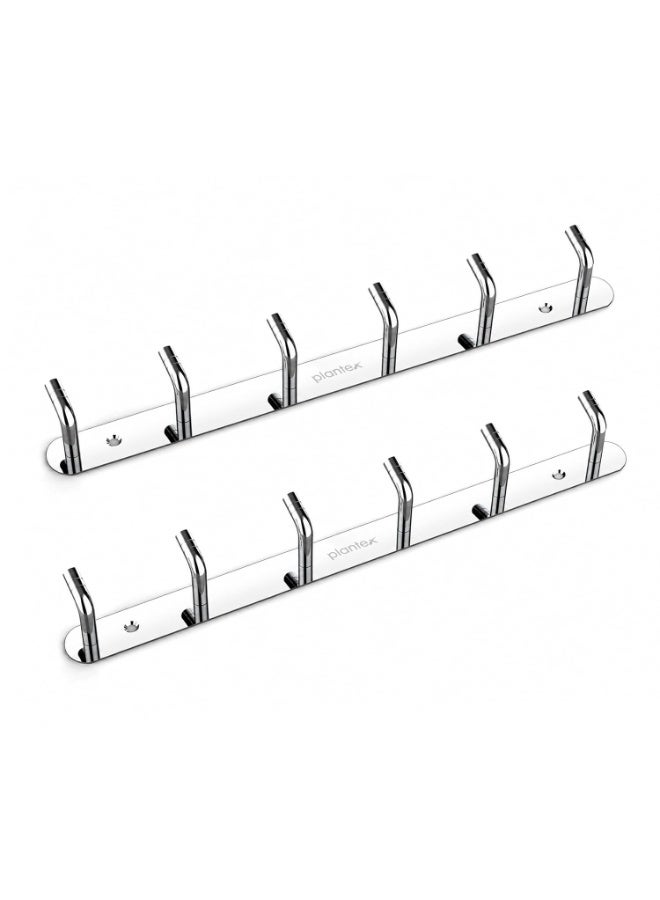 Plantex Wall Hooks for Hanging Cloth/Stainless Steel Towel Hangers/Bathroom Robe Hooks/Door Hangers/Wall Hook Rack/Hook Rail for Hanging Keys - 6 Hooks (Pack of 2, Chrome) - Image 1