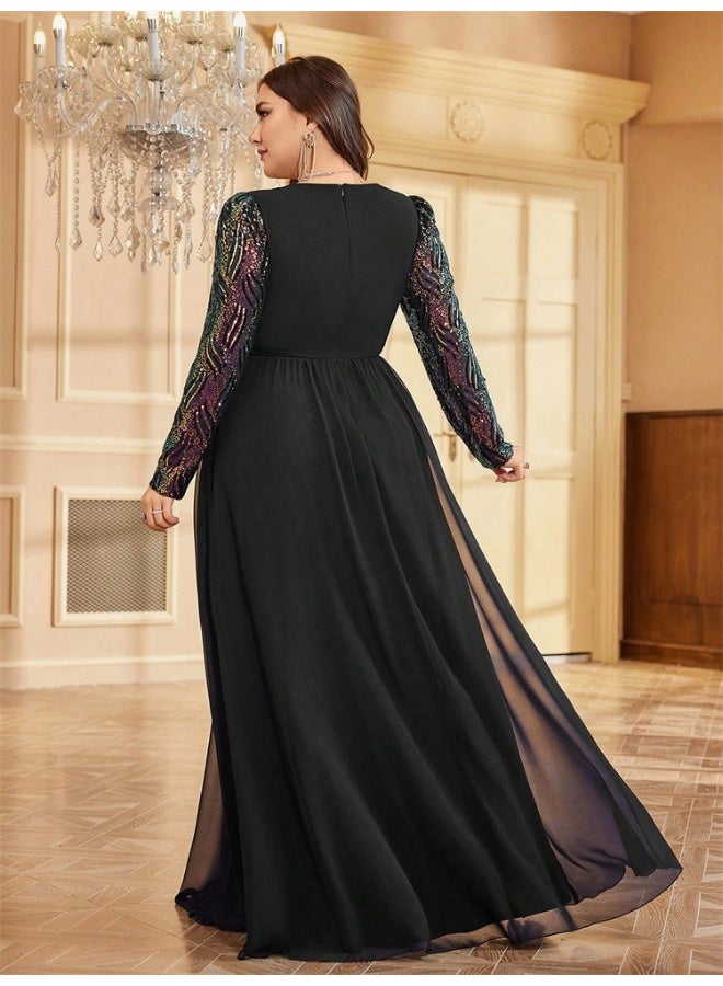 Madam Uniq Black V - Neck Sequin - Paneled Long - Sleeve Evening Gown - Image 2