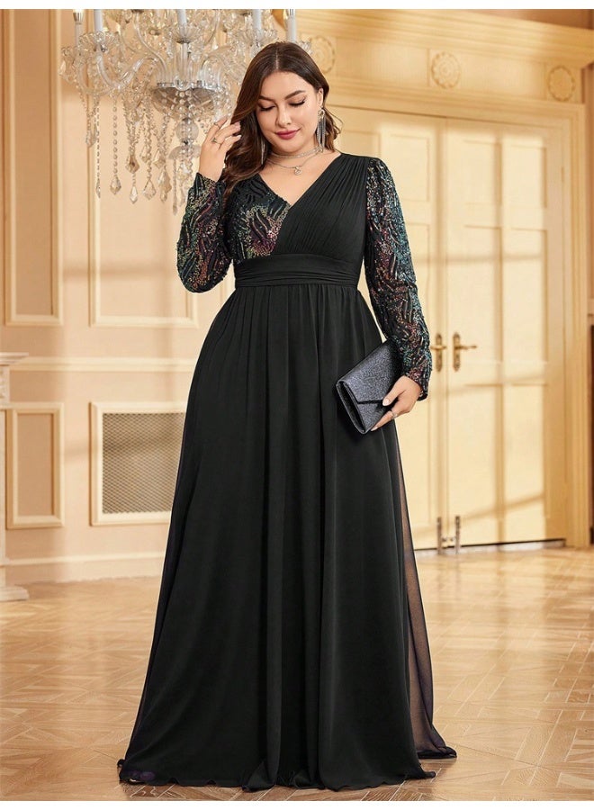 Madam Uniq Black V - Neck Sequin - Paneled Long - Sleeve Evening Gown - Image 3