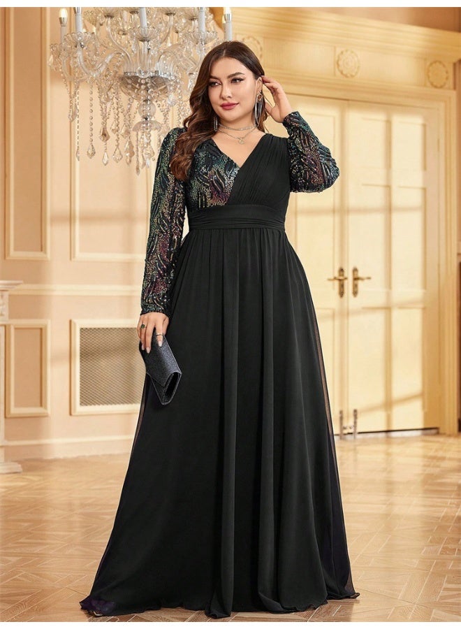 Madam Uniq Black V - Neck Sequin - Paneled Long - Sleeve Evening Gown - Image 5