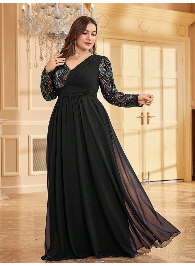 Madam Uniq Black V - Neck Sequin - Paneled Long - Sleeve Evening Gown - Image 4
